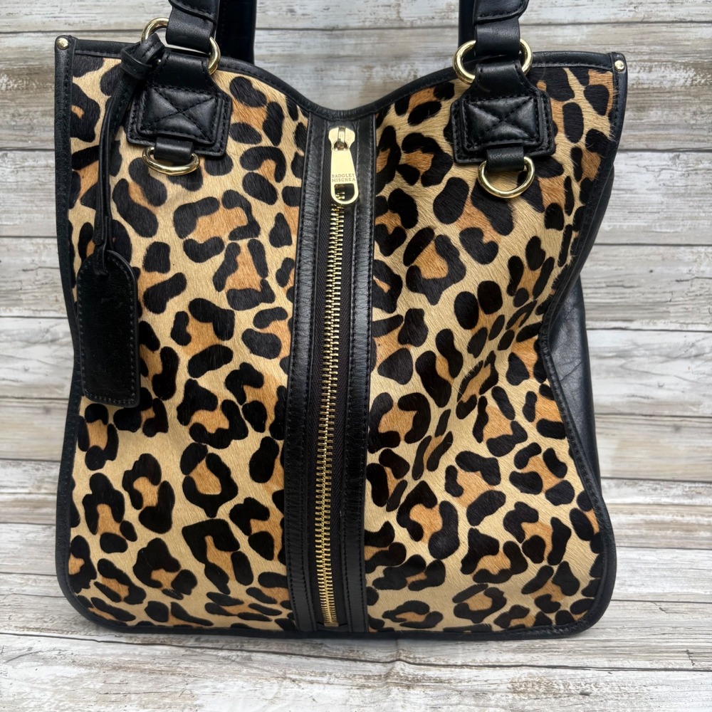 Badgley Mischka Tote Bag Large Black Leopard Calf Hair Leather Tote Maximalist - Picture 3 of 14
